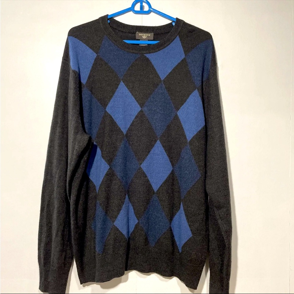 Dockers Argyle Sweater Mens XL Black‎  Blue Long Sleeve Crewneck